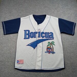 Puerto Rico Jersey Mens Large Boricua Blue White Mesh Baseball Shirt Salsa Logo